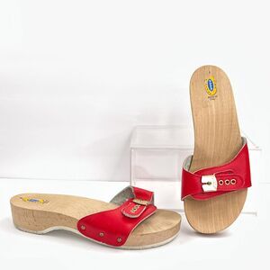 Vtg Dr. Scholl's Original Sandals Womens 8 Red Slide Wood Exercise Shoes Italy